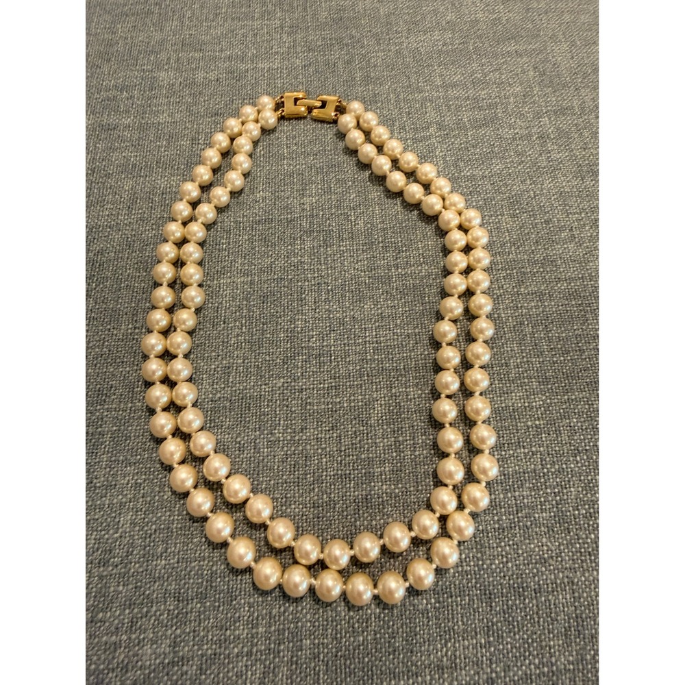 Monet Vintage Double Strand Faux Pearl Necklace Gold Tone Clasp Cream Beads